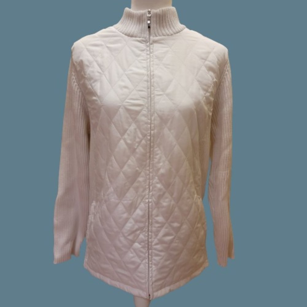 Croft and Barrow Women's Full Zipper White Quilted and Ribbed Sweater Jacket-1X